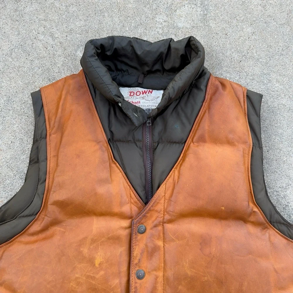 VTG Schott NYC Leather Down Plume Puffer Vest Men's Size 44 Western 70s 80s USA